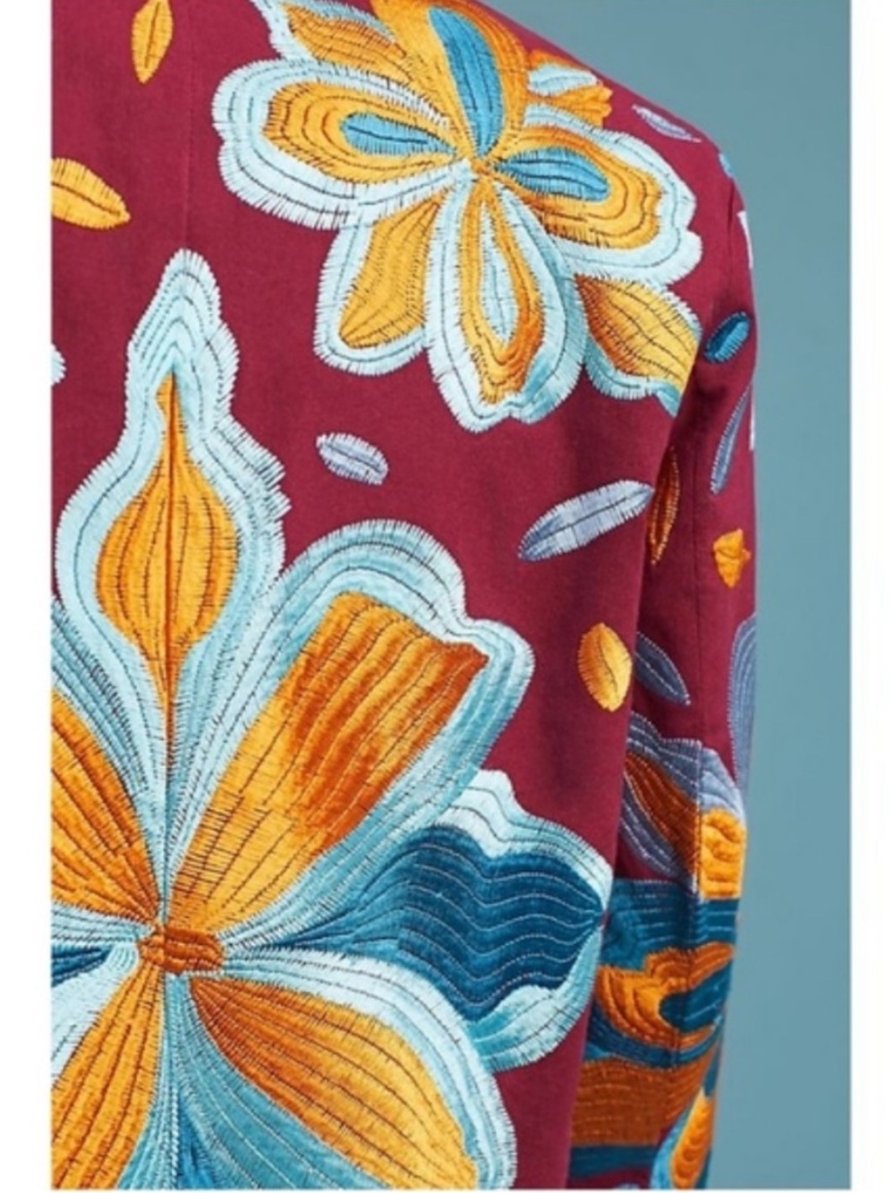 Anthropologie Maroon Floral Embroidered Blazer with Blue and Yellow Accents - Picture 3 of 7